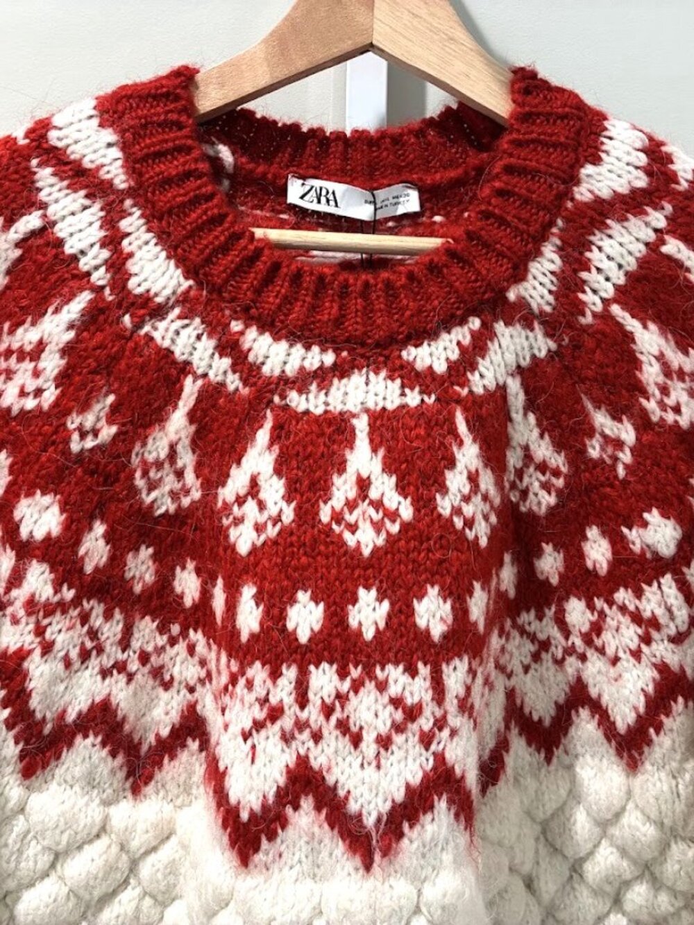 NWT Zara Fair Isle Textured Knit Sweater Red Cream Wool Blend Chunky Jacquard L - Picture 4 of 9